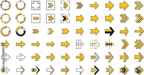 Collection of yellow and black vector arrows showing direction and movement