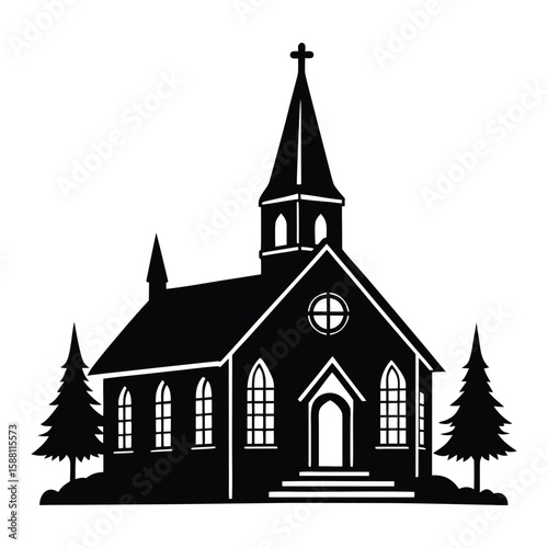 Classic Church Building Steeple Silhouette Black and White Image