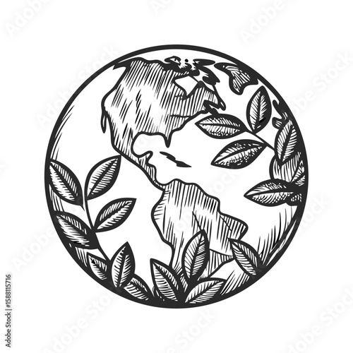 Earth with leaves drawn in engraving style showcases environmental consciousness. 