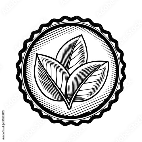 Eco stamp with leaves depicted in hand-drawn engraving on white background. Eco stamp features foliage and scalloped edging, rendered as a vintage illustration.