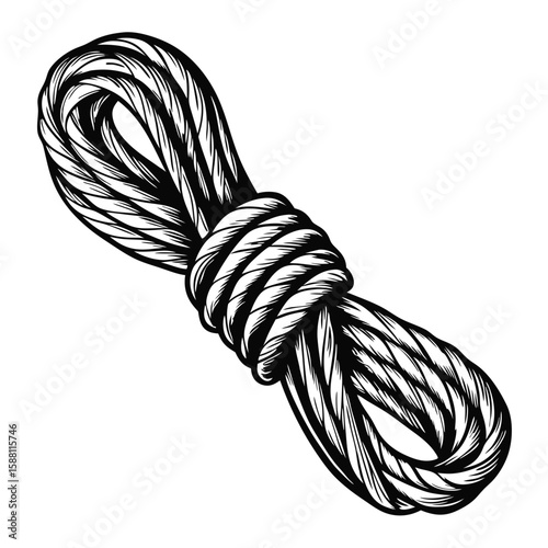 Hand-drawn engraving of natural twine illustration, featuring detailed rope design. Natural twine illustration showcases the craftsmanship in vintage style with intricate line work.