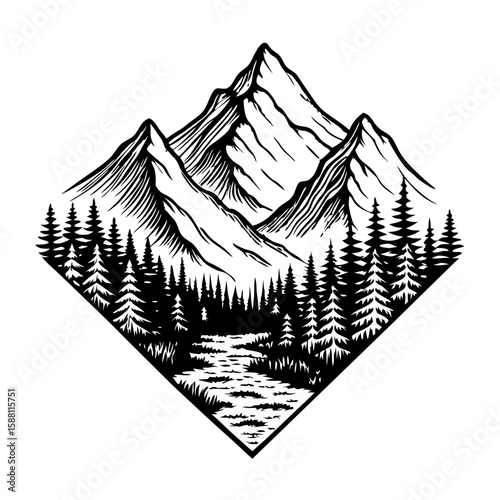 Mountain and forest scene in detailed engraving. This beautiful mountain and forest scene depicts snowy peaks and lush evergreen trees. Ideal mountain and forest scene for adventurous travelers.