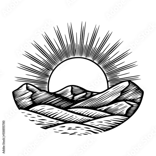 Sunrise over land icon shows rays over mountains, etched with detailed lines. Sunrise over land icon is a classic representation of nature's beauty.