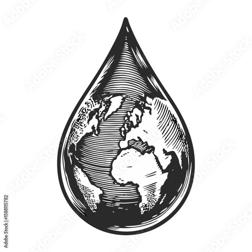 Engraving shows raindrop with Earth map shape, water droplet containing global map in artistic style. Earth map shape within raindrop highlights water conservation.