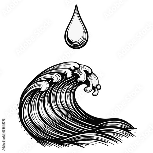 Depiction of water droplet and wave with fluid dynamics using a graphic engraving. Water droplet graphic and ocean wave pattern for artistic composition.
