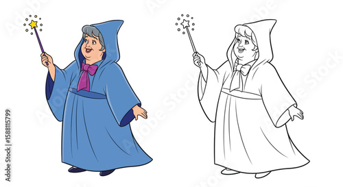 Magical Fairy Godmother Coloring Page Offering Full Color and Black Line Outline Art