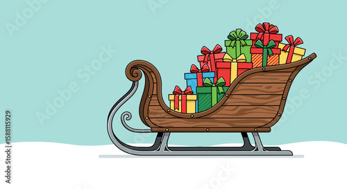 Wooden sleigh filled with colorful presents on winter background  