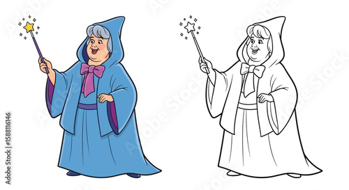 Benevolent Fairy Godmother Coloring Page with Both Colored and Outline Designs for Kids