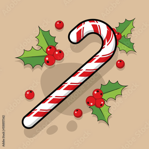 Candy cane with holly leaves and red berries on beige background  