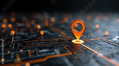 Modern tech roadmap graphic shows future infrastructure upgrades, software implementation. Plan for future innovations. Illustrates tech improvement, migration. Glowing orange.