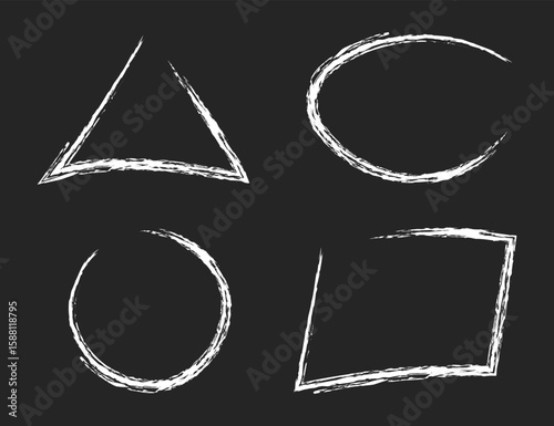 Crayon geometric shapes. Chalk square, circle, rectangle, oval, quadrilateral. Handwriting vector figures. Blob frames. Speech bubble. Kids pencil illustration for poster, texture. Best for