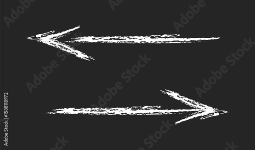 Chalk hand drawn arrows set with dry brush stroke effect. Vector crayon illustration of left and right arrows with distressed, textured look. Perfect for highlight elements, navigation design