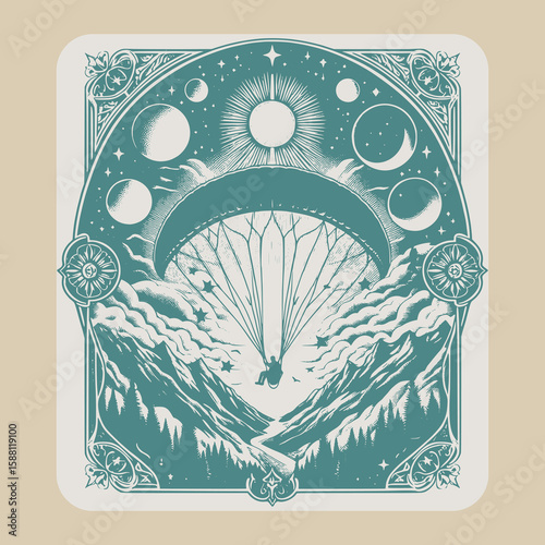 windborne paragliding over enchanted peaks in textured vector print