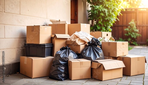 Cardboard boxes and garbage bags piled outdoors
