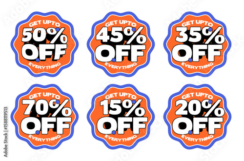 Set of Vibrant Orange and Blue “Get Up to 70% Off” Sale Stickers — Bold Promotional Labels for Retail, E-Commerce, and Marketing Campaigns