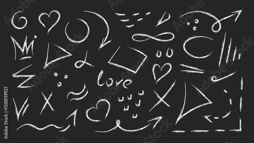Hand drawn crayon doodle sketch elements in white chalk texture on blackboard. Collection includes arrows, hearts, stars, crowns, spirals, abstract symbols, and playful shapes. Perfect for