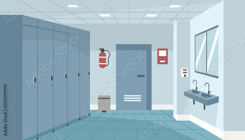 Public toilet interior. Toilet door. Public restroom. School restroom. Washroom. Rubbish bin. Toilet mirror. Hospital toilet.