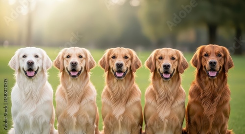 five Golden Retriever of different colors sit side by side, creating a visually balanced and elegant composition.