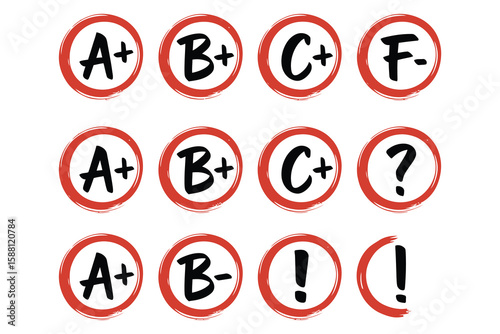 Collection of academic grades and symbols in red circles