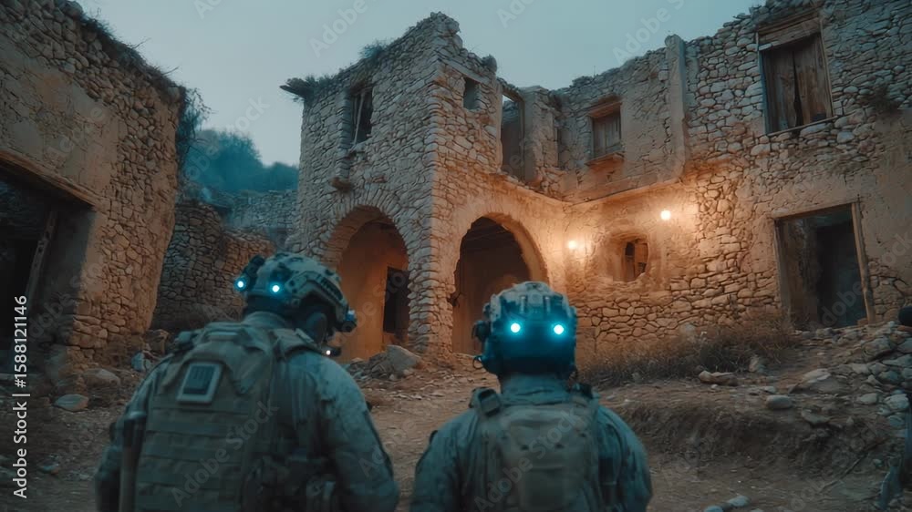 Two soldiers equipped with glowing visors make their way towards a dilapidated stone building at dusk. The camera captures the somber atmosphere as it rises to reveal the surrounding ruins