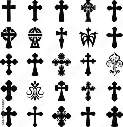 Collection of various black christian cross silhouettes on white background