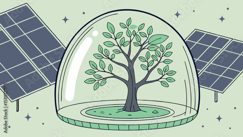 Sustainable energy and tree in dome illustration for renewable resources and environmental conservation focus