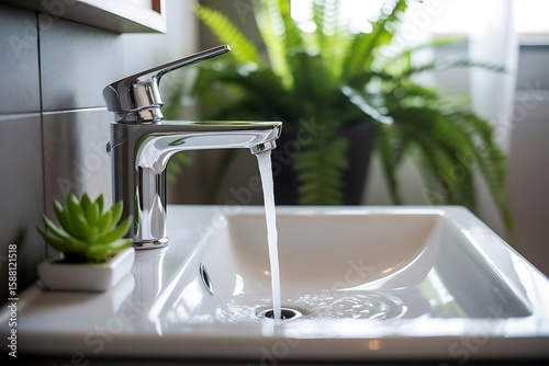 Modern chrome faucet with running water flowing into a clean white ceramic sink with a small succulent plant nearby and a blurred green plant in the background