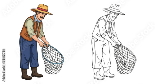 Comical Foolish Fisherman Coloring Page with Both Colored and Outline Versions for Kids Fun