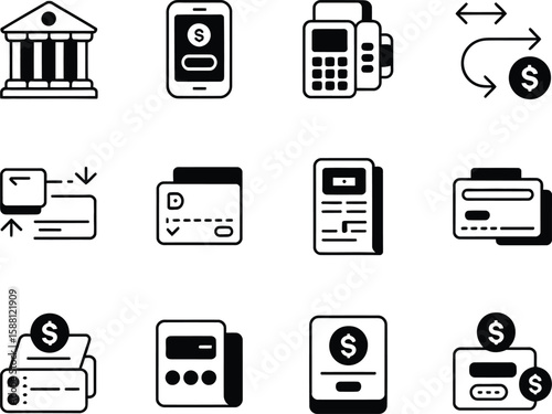 Collection of financial transaction icons including bank credit cards and mobile payments