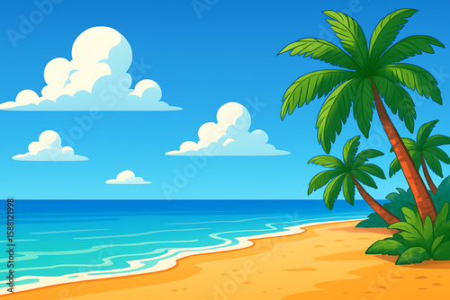 ummer Beach Scene with Sun and Blue Sky Framed by Palm Leaves