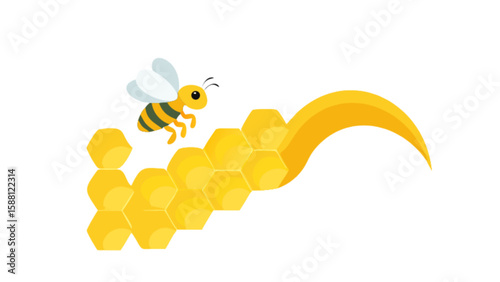 Cute cartoon honey bee flying near honeycomb vector illustration for kids and educational designs