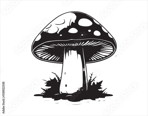 Mushroom icon. Illustration of a death cap mushroom. Fungus. Toadstool. Halloween sticker set against a white background. Vector art. Wild nature, autumn woods.