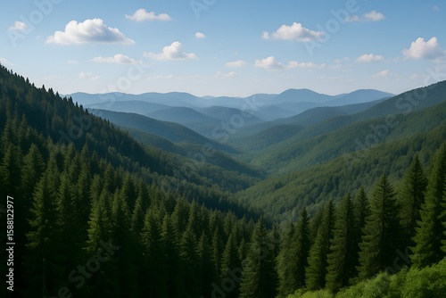 Lush Green Mountain Valley with Evergreen Trees and Distant Mountain Ranges