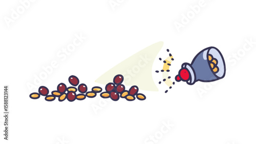 Illustration of spilling seeds from a shaker with scattered seeds and a pile of seeds here