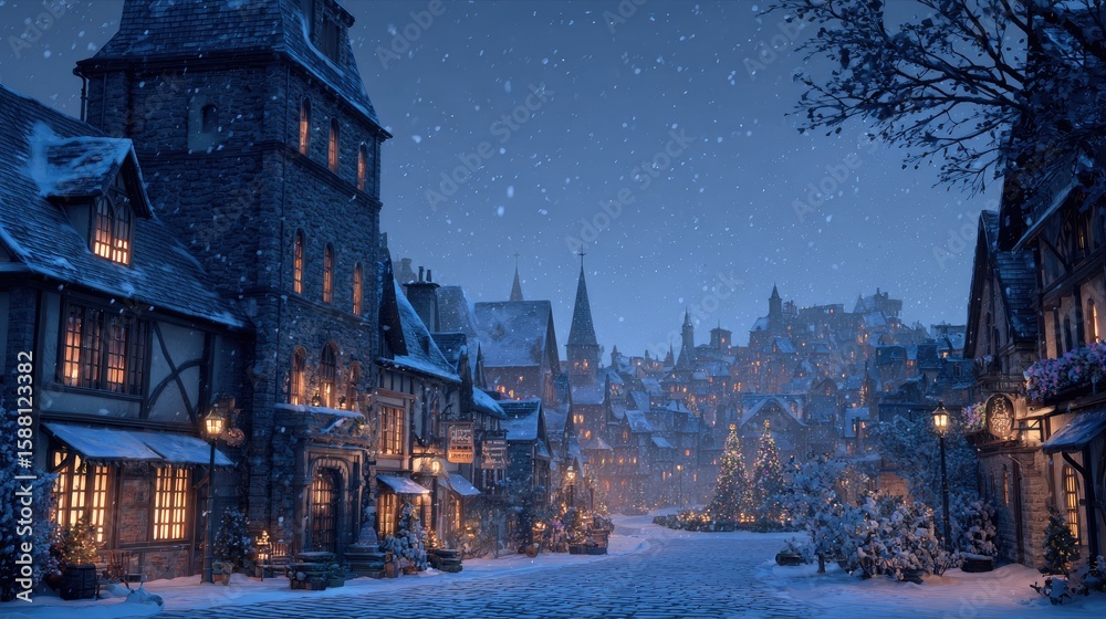 Obraz premium Snowy European village at dusk with glowing windows and falling snow, fairy-tale atmosphere, high resolution