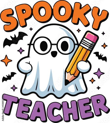 Cute Spooky Teacher Ghost Halloween T-Shirt Design Cartoon Ghost with Pencil, Glasses and Bats

