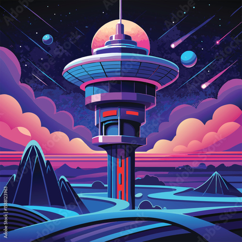 Futuristic AI Tower with Data Cloud Vortex Neon Vector