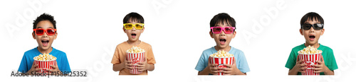 Excited asian boys watching 3d movie with popcorn in colorful glasses