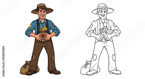 Unscrupulous Greedy Farmer Character Coloring Page with Both Colored and Outline Poses
