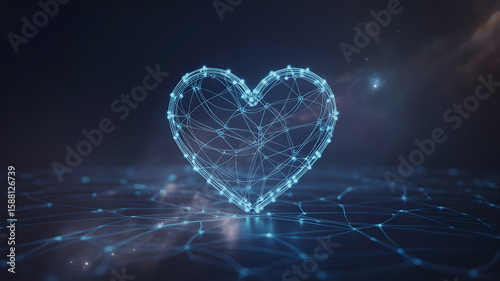 A striking visual of a glowing blue heart made up of interconnected lines and nodes, symbolizing love and connectivity