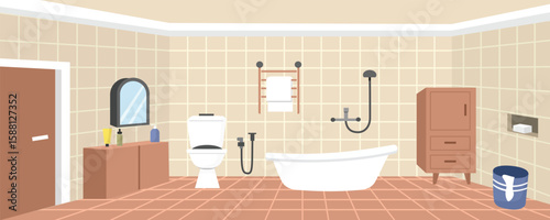 Modern bathroom interior. Bathroom architecture. Bathtub with shower faucet. Dressing table. Toilet room. Closet and bidet. Hanging towel. Hotel bathroom.