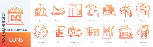 Public services icon collection set. Containing Church, Tow Truck, Elevator, Water Supply, Bank icon