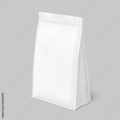 Vertical bag mockup. Flat bottom gusset bag with zipper lock. Half side view. Vector illustration isolated on grey background. Ready for use in presentation, promo, advertising and more. EPS10.