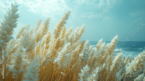 Golden wheat swaying gently in the breeze by the ocean under a serene blue sky