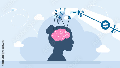 Robotic hand manipulating the human brain. Robot puppet master controlling silhouette of businesswoman head. Robot controlling puppet woman. Human vs  Artificial Intelligence. Vector illustration