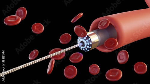 A 3d rendering of visualization of a laser atherectomy device operating within an artery, surrounded by red blood cells.