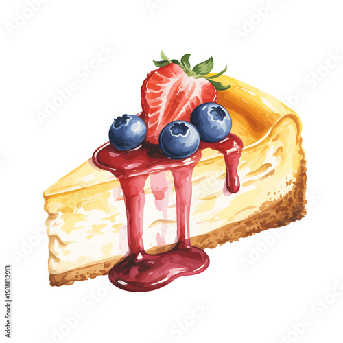 Delicious slice of creamy cheesecake topped with fresh strawberries and blueberries and berry sauce