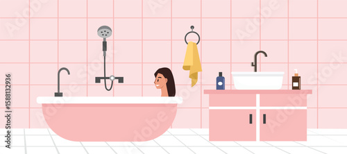 Girly bathroom. Cute bathroom. Female take shower. Girl take a bath. Bathroom furniture.
