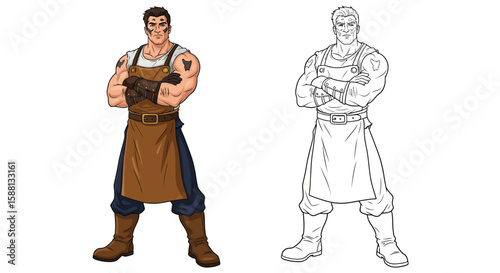 Noble Honest Blacksmith Coloring Page with Both Colored and Outline Illustration Styles