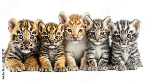 Five adorable baby tigers of different color variations posing in a line isolated on white